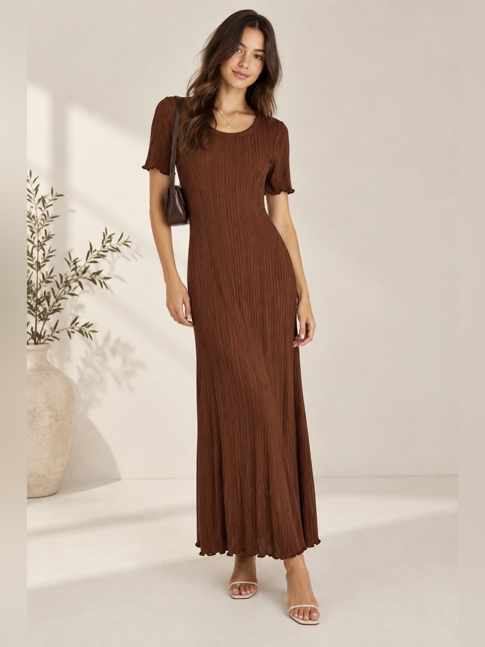 Everlane Size S Brown Ribbed TENCEL Maxi Dress Cutout Back